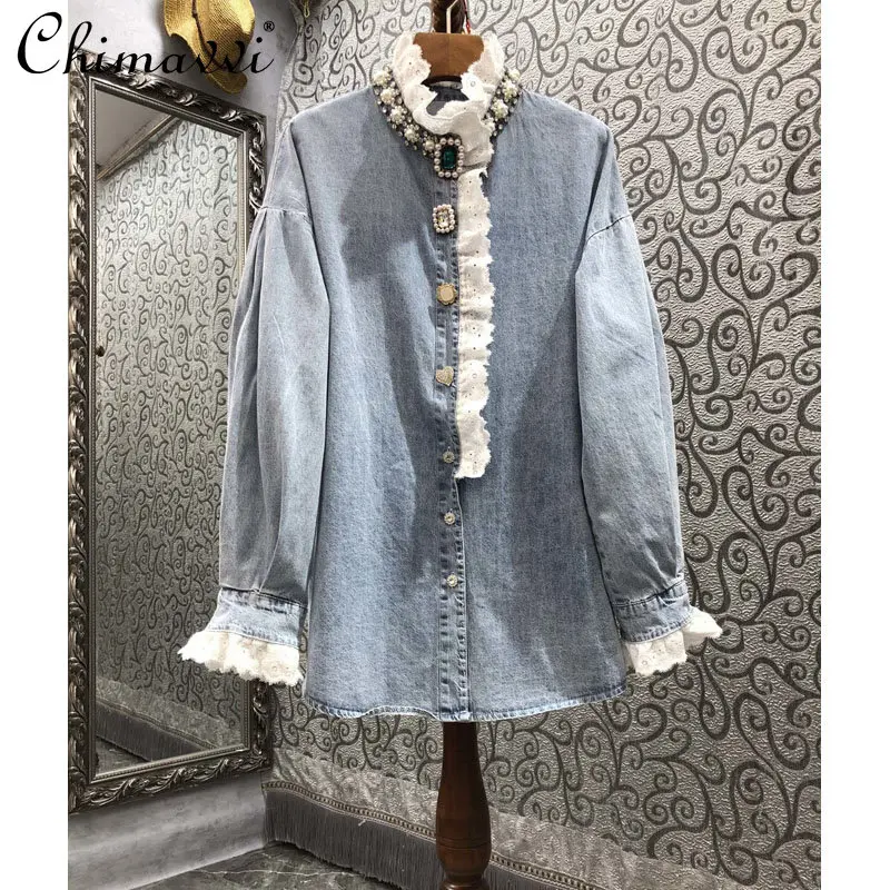 

High-End Heavy Beads Lace Stitching Denim Shirt Women's 2023 Spring Autumn New Loose Blouse Casual Elegant Blusas De Mujer