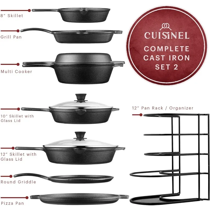 Cast Iron Cookware Set-8" Skillet+10"+12" Skillets with Lid+Grill Pan+Multi-Cooker+Flat Griddle+Pizza Pan+Pan Rack Organizer 2