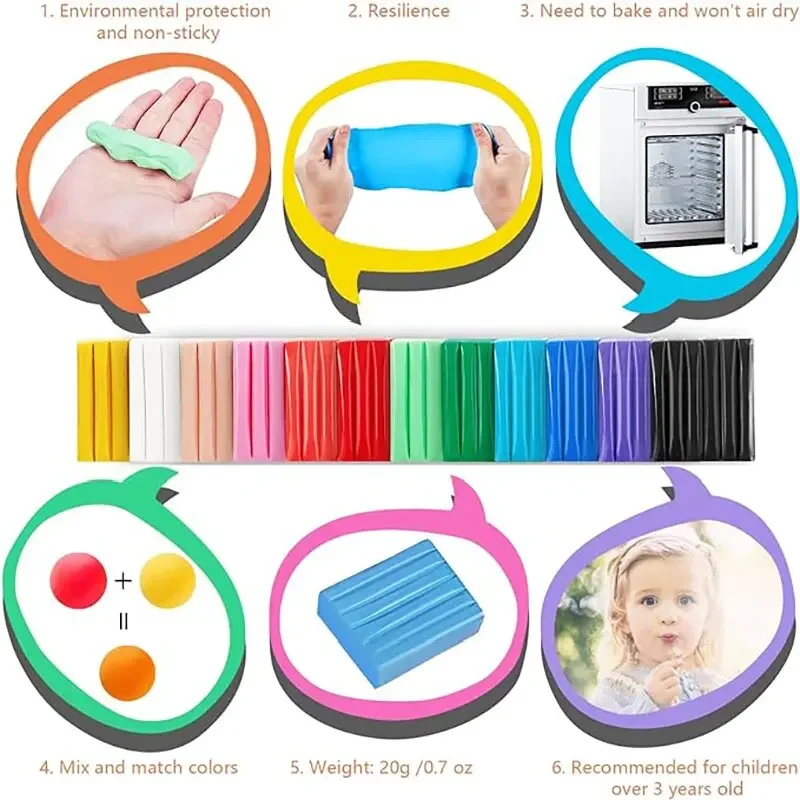 Polymer Clay Starter Kit 24/36/50 Colors Baking Modeling DIY Accessories