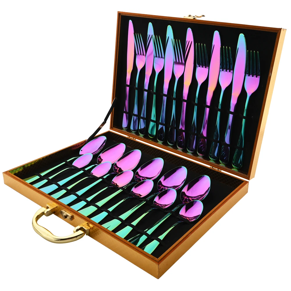Rainbow Tableware Set Stainless Steel 24pcs Dinnerware Knife Fork Coffee Spoon Cutlery Set Western Dinner Flatware Gift Box cutlery set western style cutlery set stainless steel cutlery set