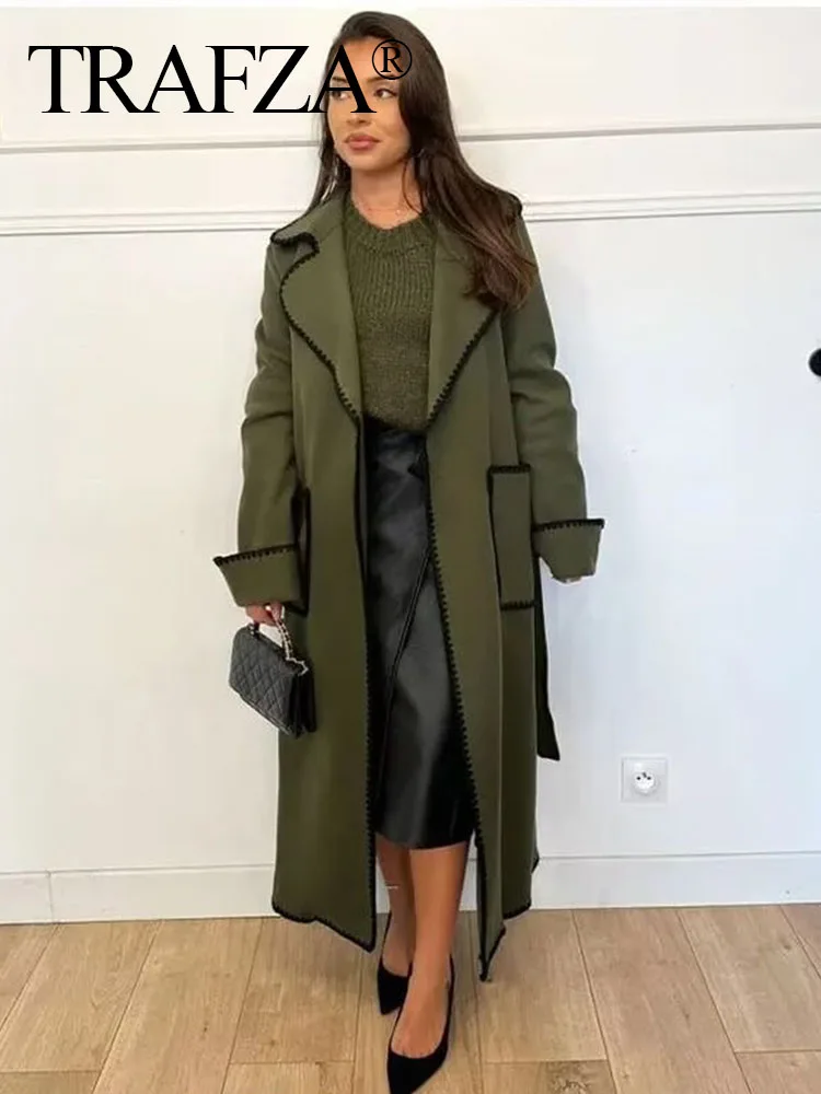 

TRAFZA Female Chic Panelled Long Woolen Jacket Women Fashion Quilted Long Sleeve Lace Up Woman Coats Pocket Street Lady Outwear