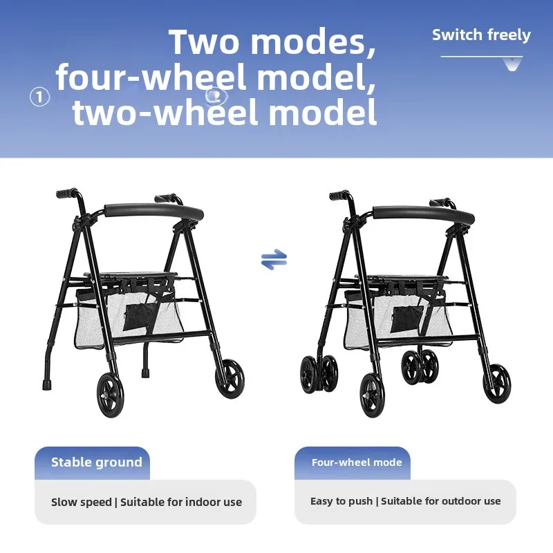Foldable Walkesr with Seat & Adjustable Height-Mobility Aids Push Cart for Elderly,Portable Assistive Walking Support Rollator