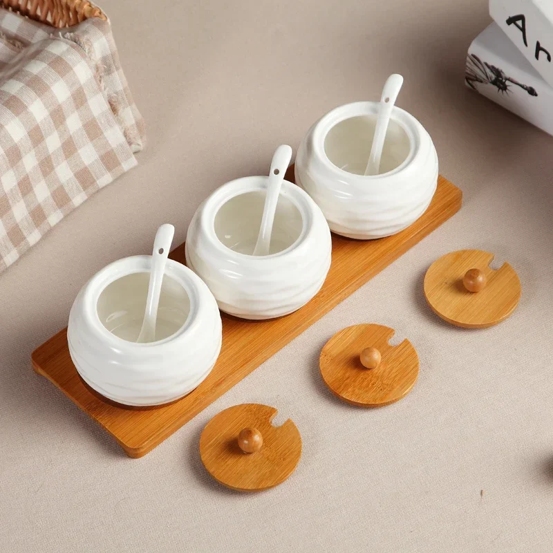 Ceramic Seasoning Pot spice container ceramic condiment pot Seasoning Box Wooden Tray Bottle Sugar Bowl Household Salt Pan with Spoon Kitchen Supplies