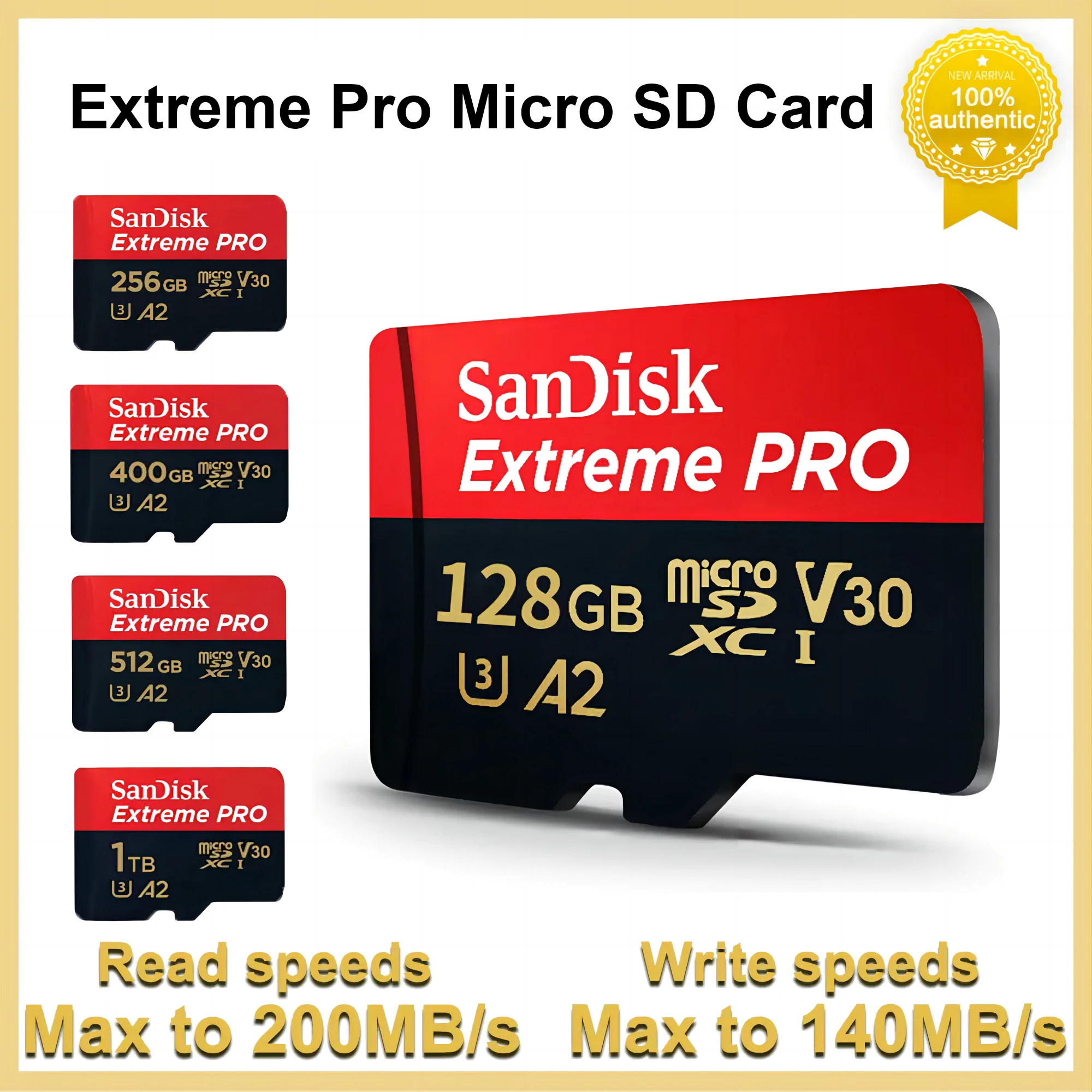 SanDisk-Extreme Pro Cartão de Memória Flash, Cartão Micro SD, SDXC, UHS-I, Cartão TF, Adaptador para Câmera, U3, V30, 400GB, 256GB, 64GB, 128GB