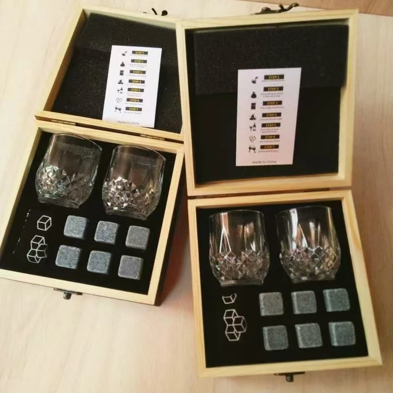 Whiskey Stones Glasses Set Granite Ice Cube Glass Cup Wooden Bottle Box Fathers Day Gifts for Dad whiskey stones set