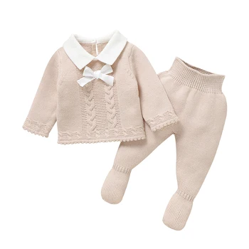 Baby Girls Autumn Winter Turn-down Collar Long Sleeve Sweater+ Long Trouser Sets Baby Bowknot Tops + Solid Color Bottoms Outfits 1