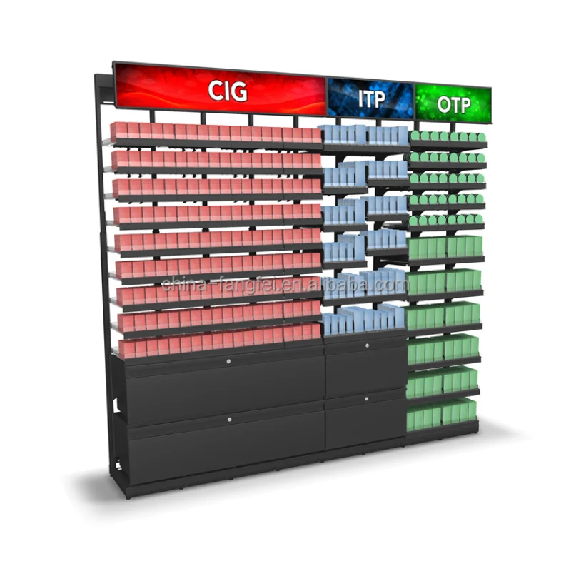 맞춤형 디스플레이 스탠드 푸셔 판매 레이저 장치 분체 도장 디스플레이 랙 소매 캐비닛 담배 가게 선반