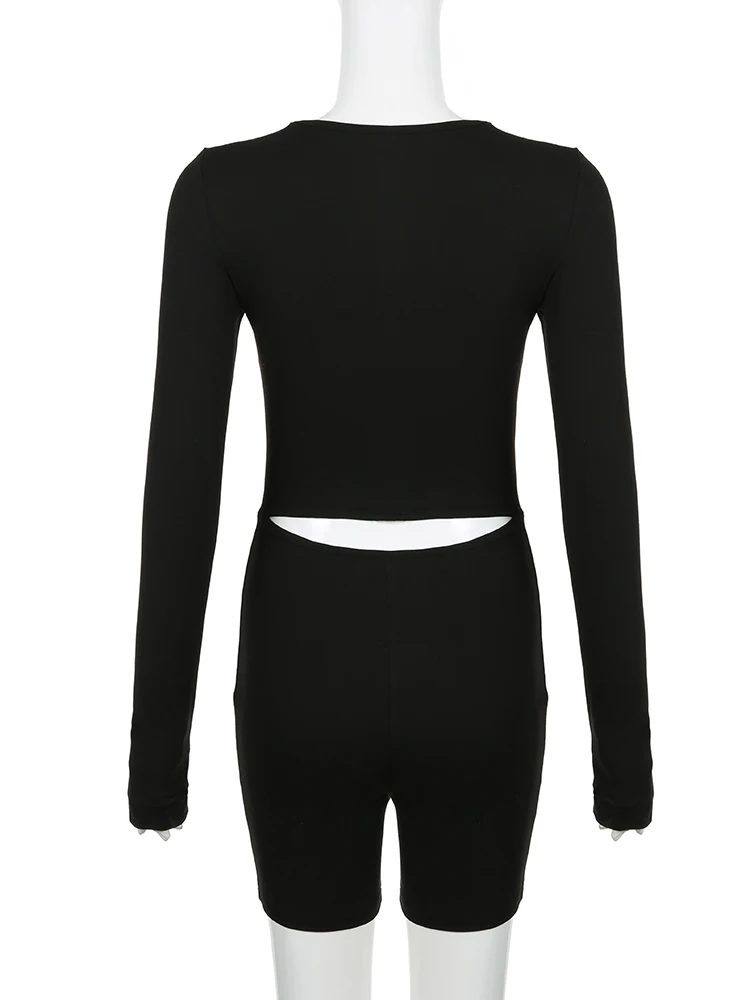 IAMSURE Sexy Slim Hollow Out Playsuits Basic Skinny Square Collar Long Sleeve Rompers Women 2023 Autumn Spring Fashion Ladies