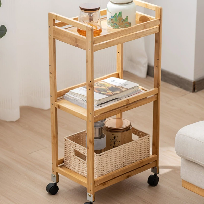 Movable Tea Table Storage Rack MultiLayer Kitchen and Living Room Organizer Bamboo Wood Tea Trolley