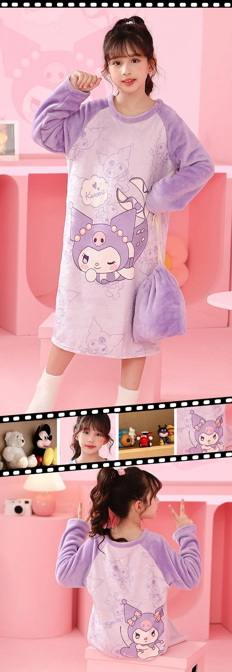 Sanrio Miniso Kuromi Hello Kitty Children's Girl's Autumn Pajamas Robes Long Sleeve Dress Anime Cartoon Print Loungewear