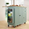 Rolling Kitchen Island with Storage, Drop-Leaf Bar Countertop, Spacious Solid Rubberwood Top, Modern Style 4