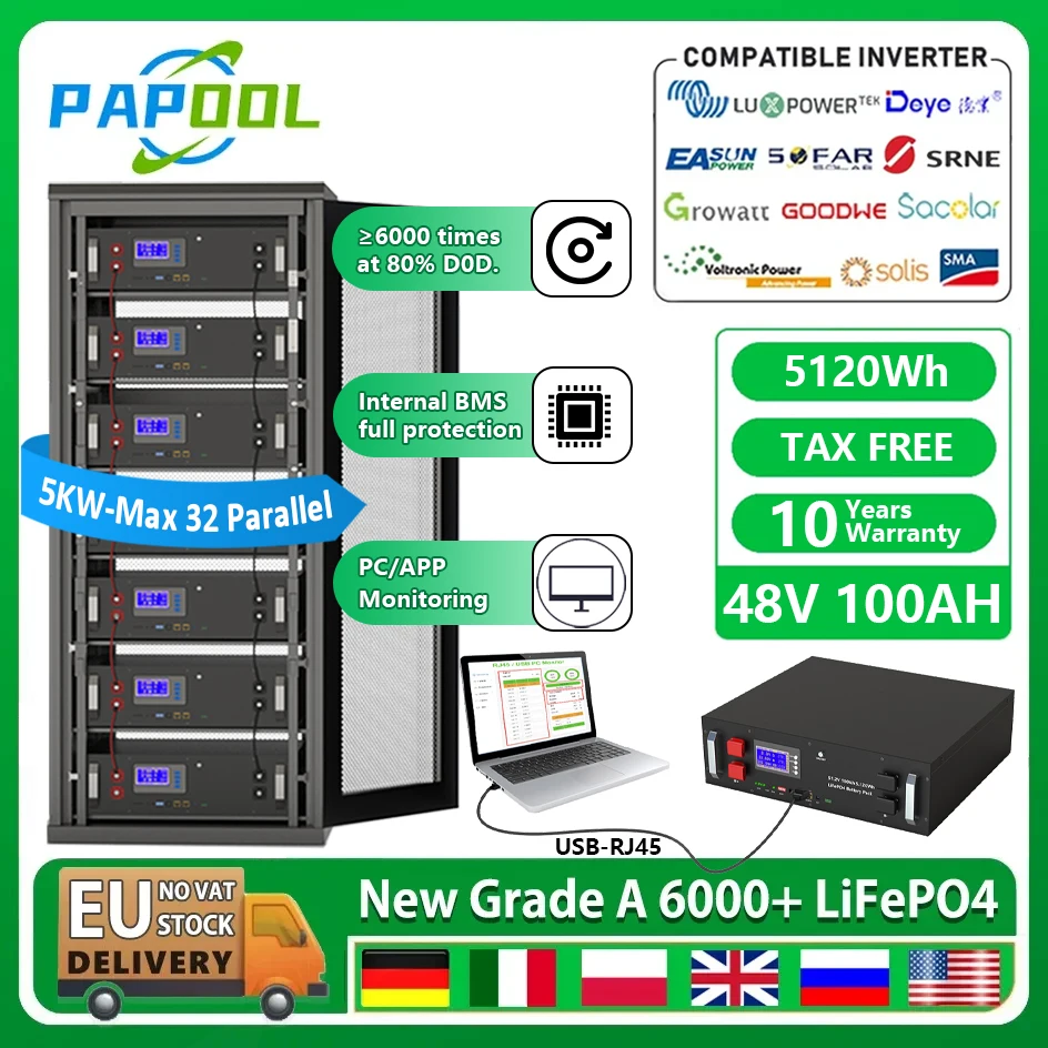 LiFePO4 배터리 팩, 48V 100Ah 리튬 배터리, 16S BMS 등급 A 6000 + 사이클, 51.2V 50Ah 120Ah 150Ah 200Ah 230Ah 300Ah, EU 세금 무료