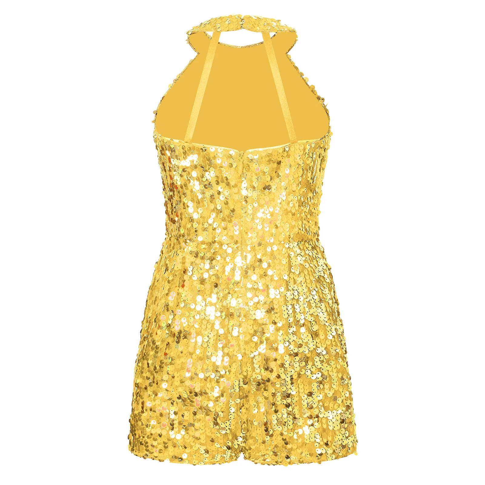 Sequin Jazz Dance Romper Bodysuit Kids Girls Pageant Short Boxer Leotard Dresses Halter Neck Sleeveless Party One-Piece Jumpsuit