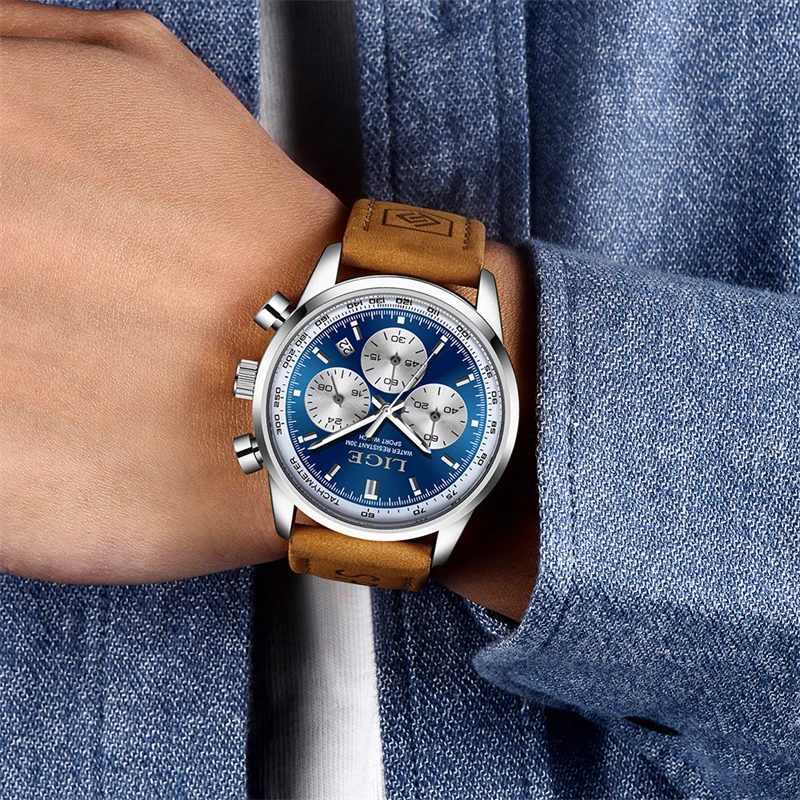 Men's Luxury Quartz Chronograph Leather Watch - Elegant & Waterproof Sport Design by LIGE