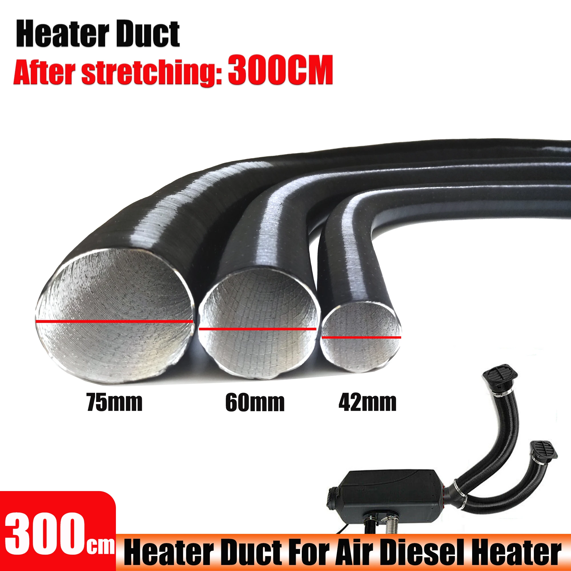 300cm Stretched Length 42/60/75mm Bellows Warm Air Ducting Intake Outlet Exhaust Pipe Heater Duct For Webasto Parking Heater