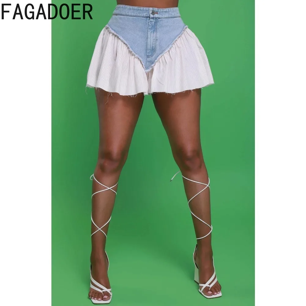 FAGADOER Fashion Streetwear Women Denim Splicing High Waist Button Shorts Casual Female Solid Color Elastic Cowboy Bottoms 2023