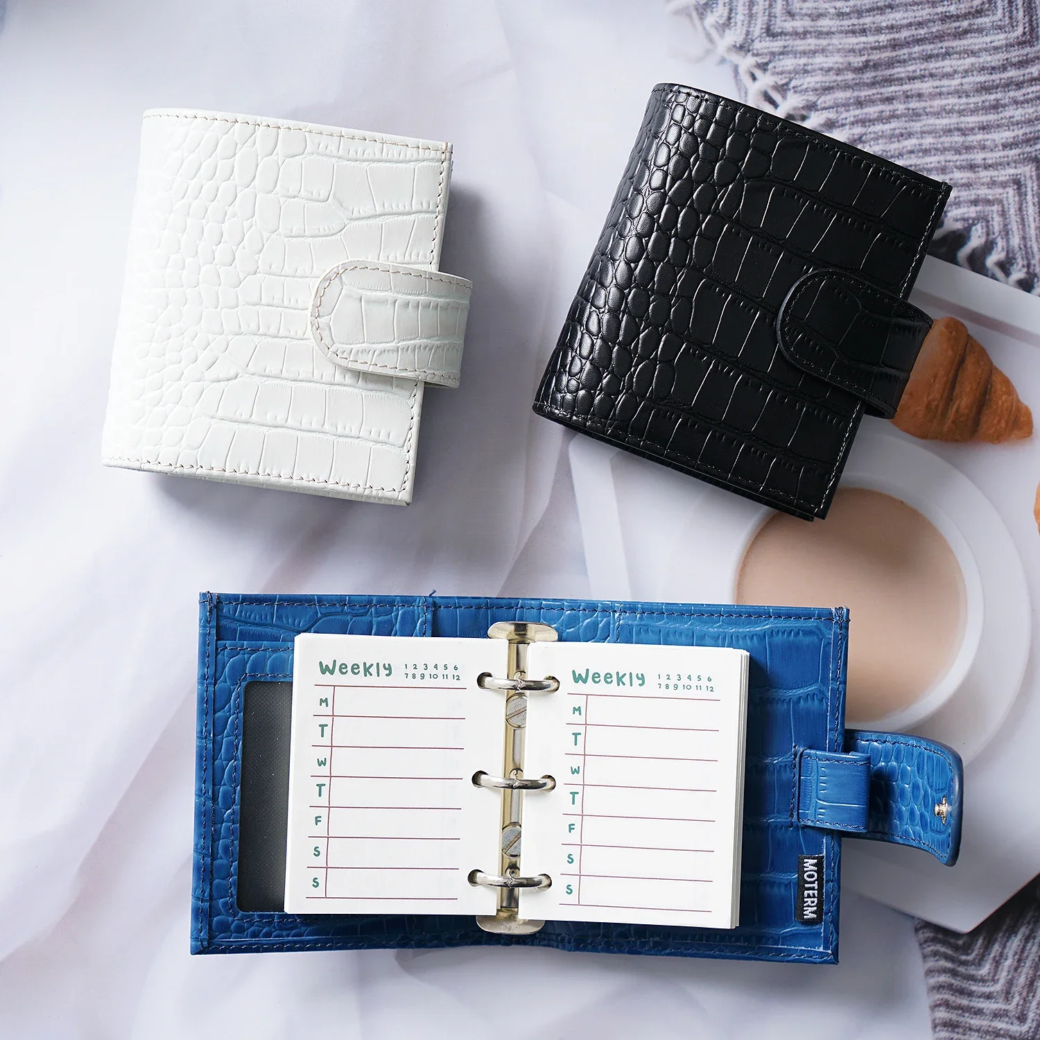 Moterm Regular A9 Size Rings Planner Croc Grain Cowhide 3-hole Mini Rings Notebook with 19MM Rings Organizer Journey Diary 5