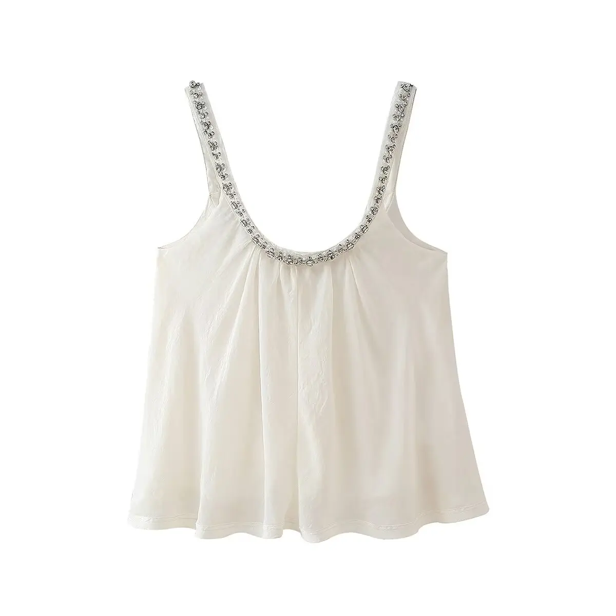 thumbnail image 1 of ​​​HH TRAF Verano Mujer Nuevas Tops Hombros Descubiertos Sin Mangas Cuello Redondo Mujer Gema Cuentas Espalda Descubierta Sexy Sólido Mullido Tops Cortos Mujer, 1 of 5
