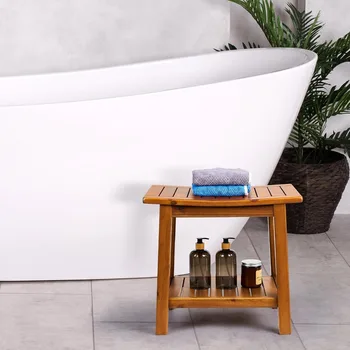 20" Solid Wood Shower Stool Waterproof Shower Seat With Storage Shelf for Bathroom Indoor & Outdoor Use Chair Furniture Home 2