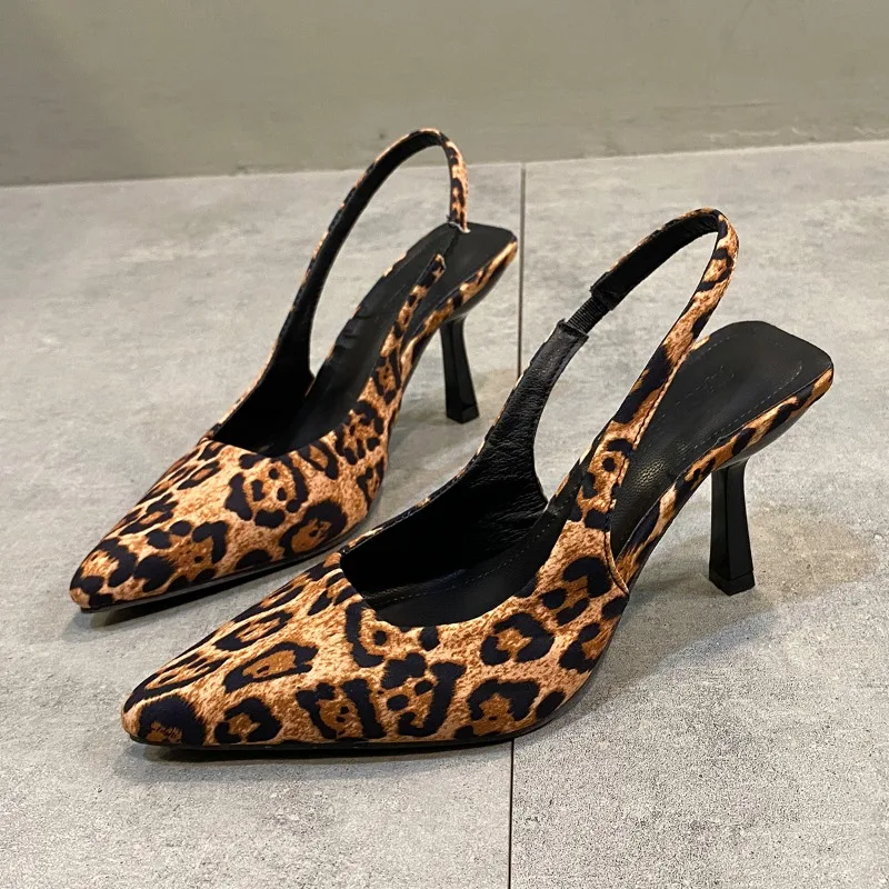 Pointed Leopard Slingbacks Women Shoes Spring Summer High Heels Temperament French Short Heels Single Shoes Fashion Sexy Sandals