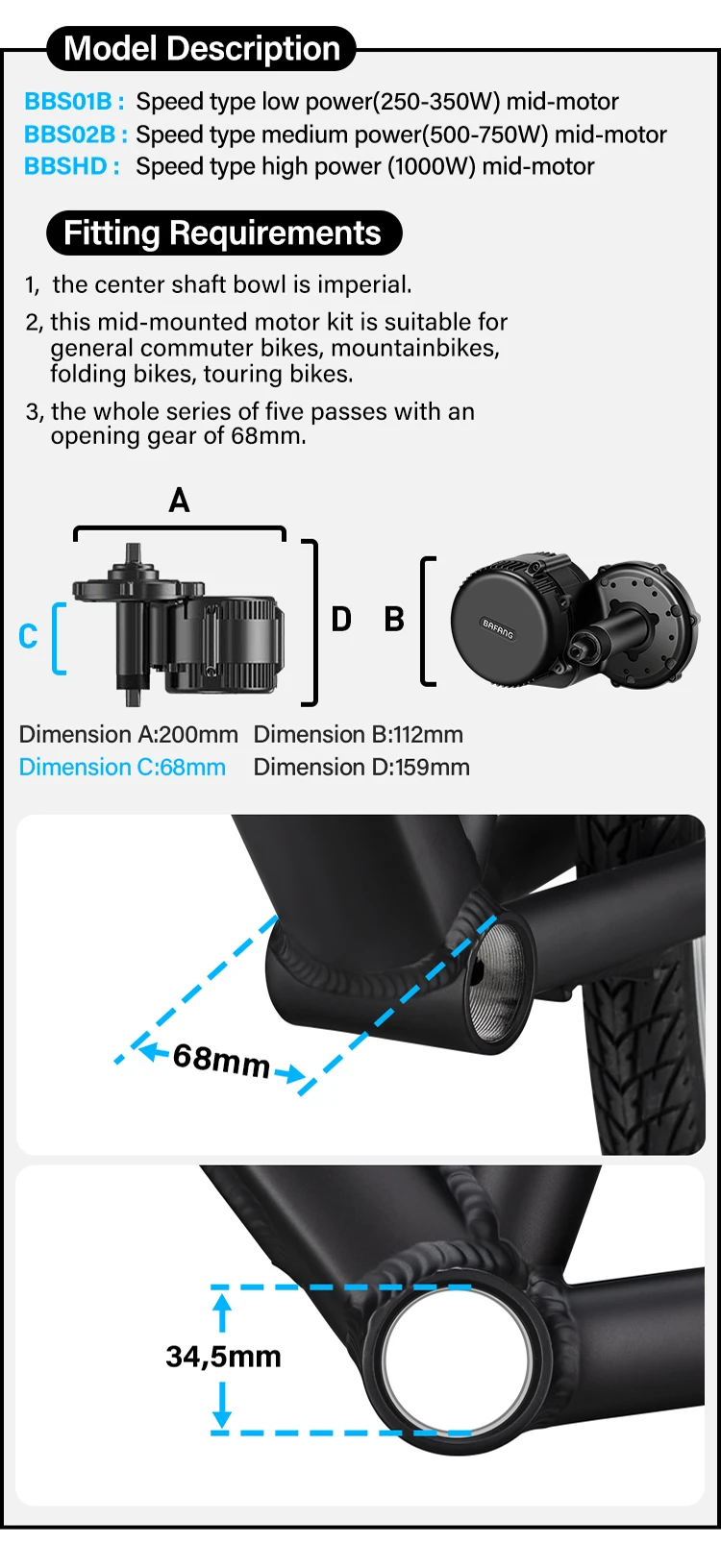 Description Picture 4 of itemBafang M325 M215 Mid Drive Motor Conversion Kit 48V 750W Brushless for 68MM 8Fun BBS02B  Electric Bicycle Motor