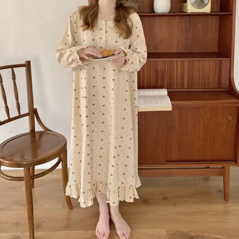 Heart Print Nightgown Sleepwear Womens Korean Style Ruffles Night Dress One Piece Pajamas Autumn Long Sleeve Home Wear women nightgowns women nightdresses women pajamas sleeping dress