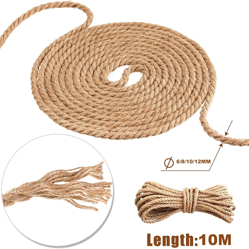 10Meters Natural Thick 6/8/10/12mm Jute Hemp Rope Strong String Craft Twine for DIY & Arts Crafts Packing Floristry Bundling, jute rope