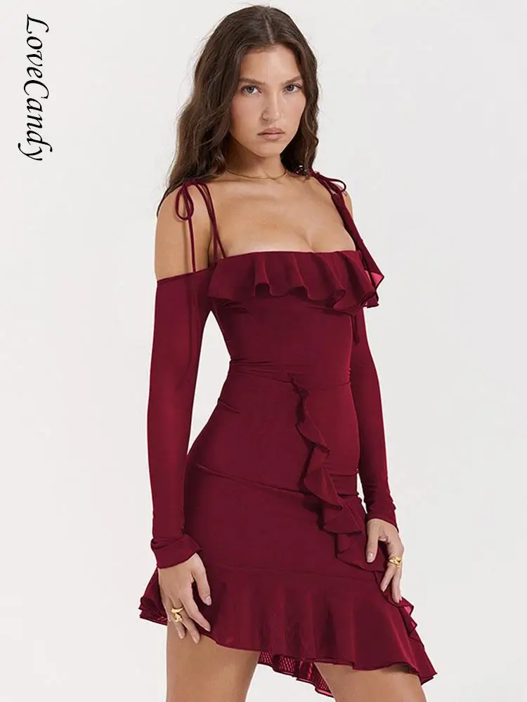 

Sexy Backless Camisole Mini Dress Women Long Sleeve High Waist Lace Up Flounced Edge Vestidos Fashion Beach Vacation Robe 2023