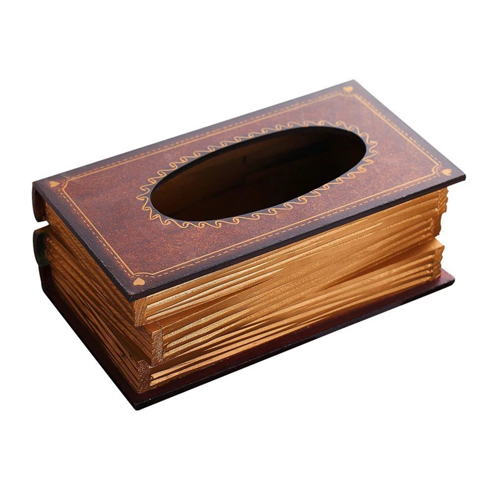 Book Shaped Vintage Tissue Box Cover Artistical Wooden Paper Extraction Box Creative Tissue Storage Case for Bedroom Bathroom 4