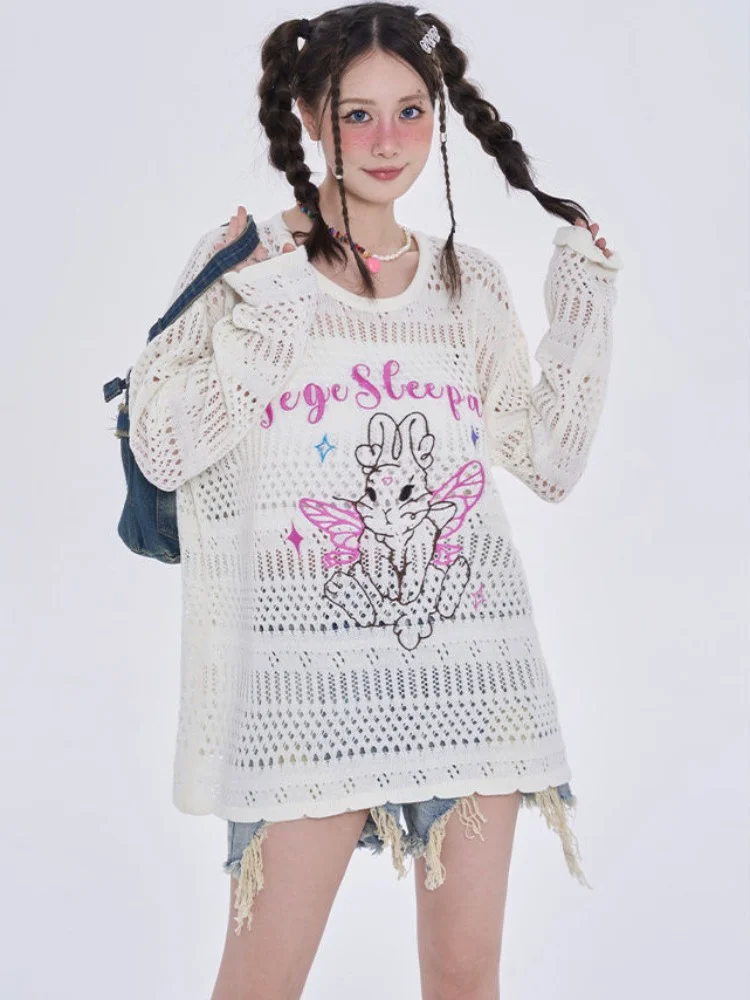 

ADAgirl Anime Women Sweater Oversize Spider Web Mesh Long Sleeve Top Y2k Kawaii Rabbit Embroidery Korean Style Cutecore Clothes