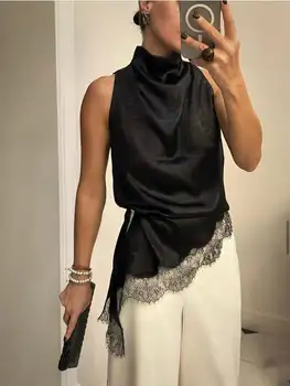 Women's Elegant Black Satin High Neck Blouse Lace Trim Sleeveless Casual Commute & Date Top 1