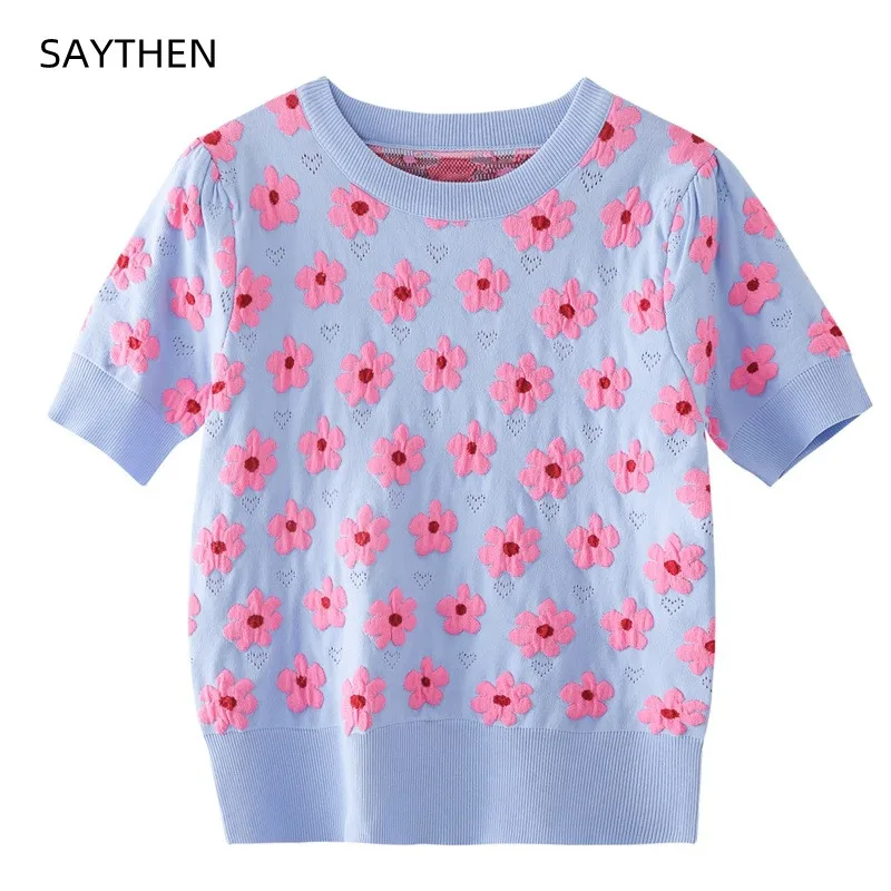 

SAYTHEN Spring New Korean Version Contrast Color Jacquard Small Red Flower Love Puff Sleeve Short-Sleeved Knitted Sweater Women