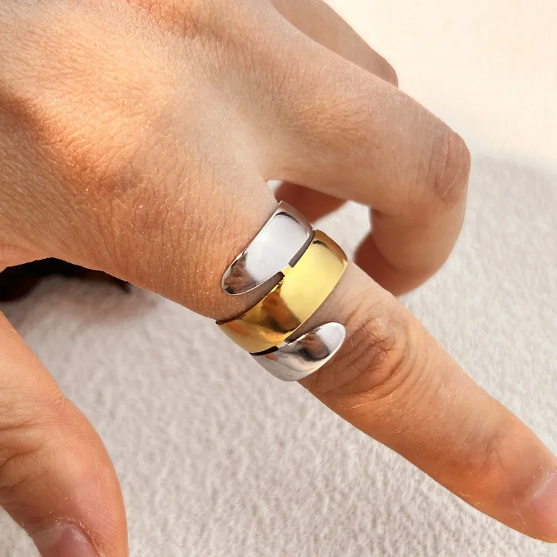 18K Gold Plated Mix Color Two-tone Geometric Ripple Open Rings Polished Metal Knuckle Ring Punk Jewelry Party Gifts Wholesale