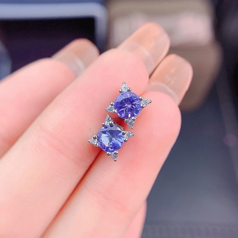 

YULEM Natural Tanzanite 925 Sterling Silver Earring Studs Women Engagement Wedding Statement Promise Gift Fine Jewelry Round 5mm