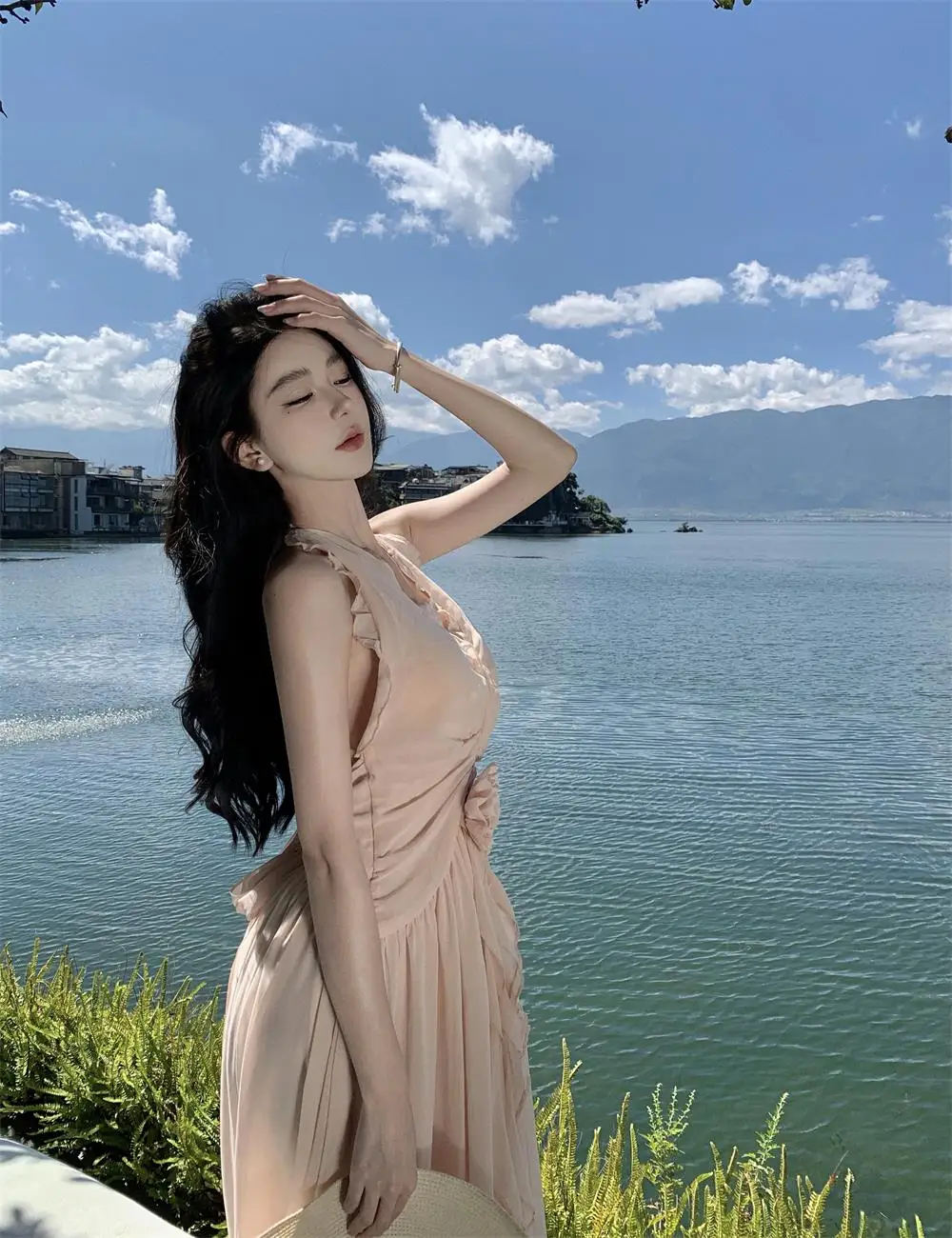 Summer New Ruffles A-line Long Dresses for Women Halter Backless Holiday Seaside Party Dress Korean Fashion One Piece Vestido