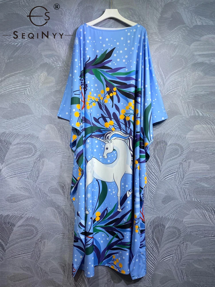 

SEQINYY Light Blue Long Dress Summer Spring New Fashion Design Women Runway Flare Sleeve Vintage Flower Print Loose High Street