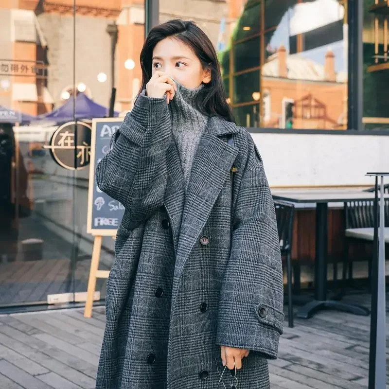 New Dark Grey Plaid Knee-Length Long Coats Women Retro Warm Thick Casual Commute Blends Outwears Lapel Double Breasted Overcoats