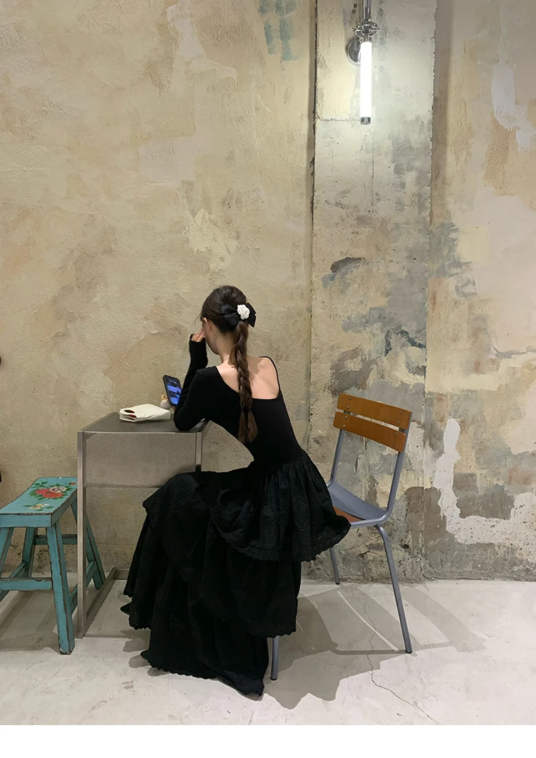 Autumn New Cake Midi Dresses for Women Solid Long Sleeve U-neck Backless A-line Korean Fashion Casual One Piece Vestidos Mujer