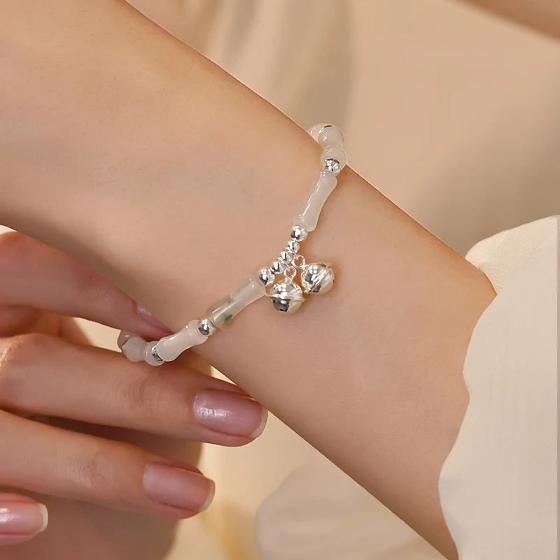 925 Sterling Silver Hetian Jade Bell Bracelet Light Luxury Small Bamboo String 2023 New Bracelet Bestie Hand Jewelry