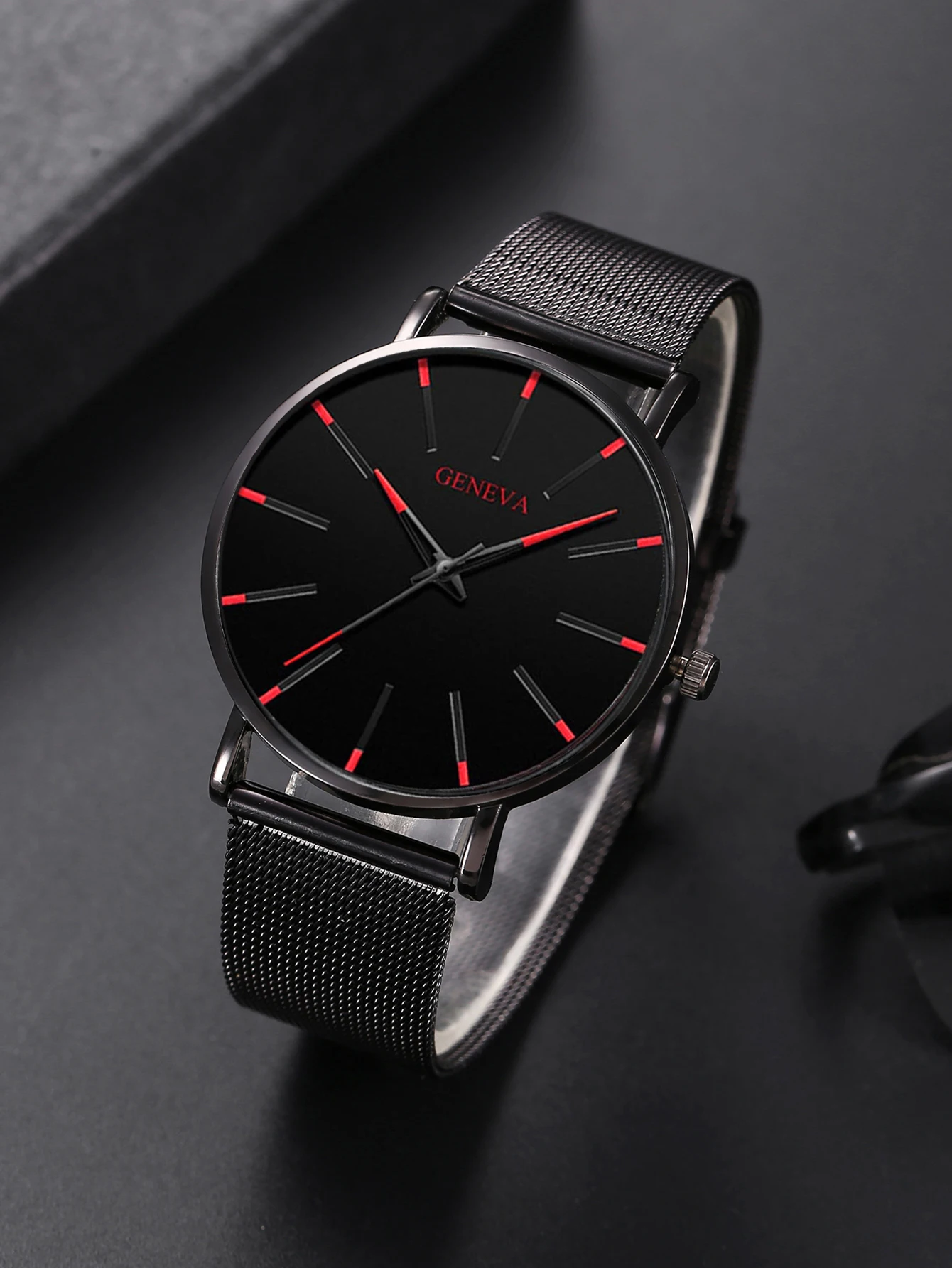 Classic fashion Alloy graduated men's mesh band quartz watch with Necklace Ring Bracelet Set Party Party Gift collection 4