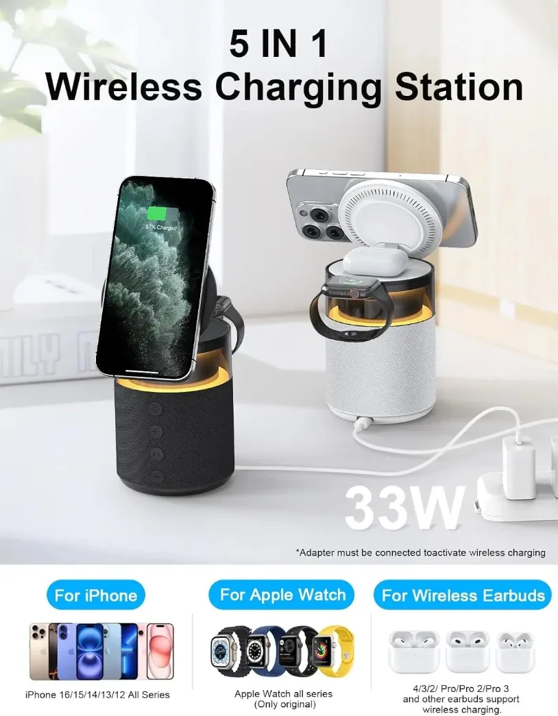 5-in-1 Magnetic Bluetooth 5.4 Speaker Wireless Charging Night Light Charger For iPhone 17 16 15 14 13 12 Apple Watch AirPods Pro