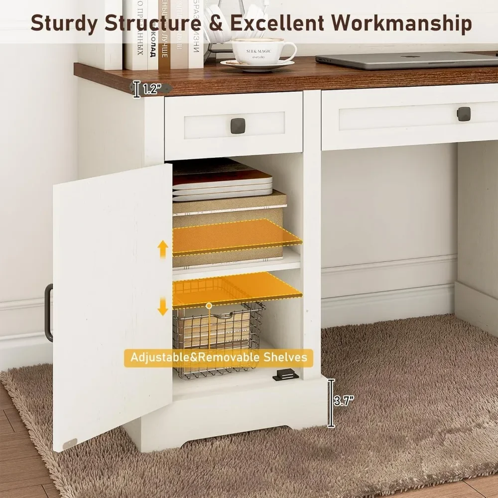 76" Height Farmhouse Desk with Sliding Door Hutch with Charging Station, Drawers and Storage Cabinet Workstation Computer Desk 4