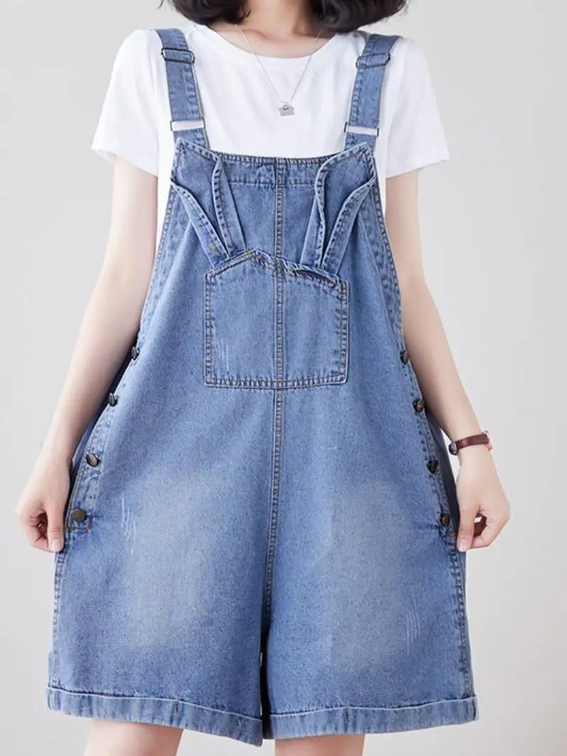 

Solid Color Pockets Straight Overalls 2023 Women's Summer Korean Loose High Waist Jeans Denim Shorts Loose Fit One Piece Pants