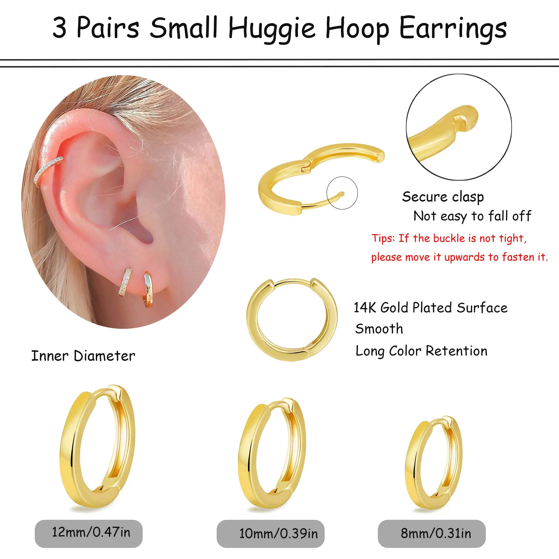 Shevalues Women 3 Pairs Small Earrings Lady Classic 14K Gold Hoop Fashion Tiny Huggie Hoop Earrings Set Hypoallergenic Earring 4