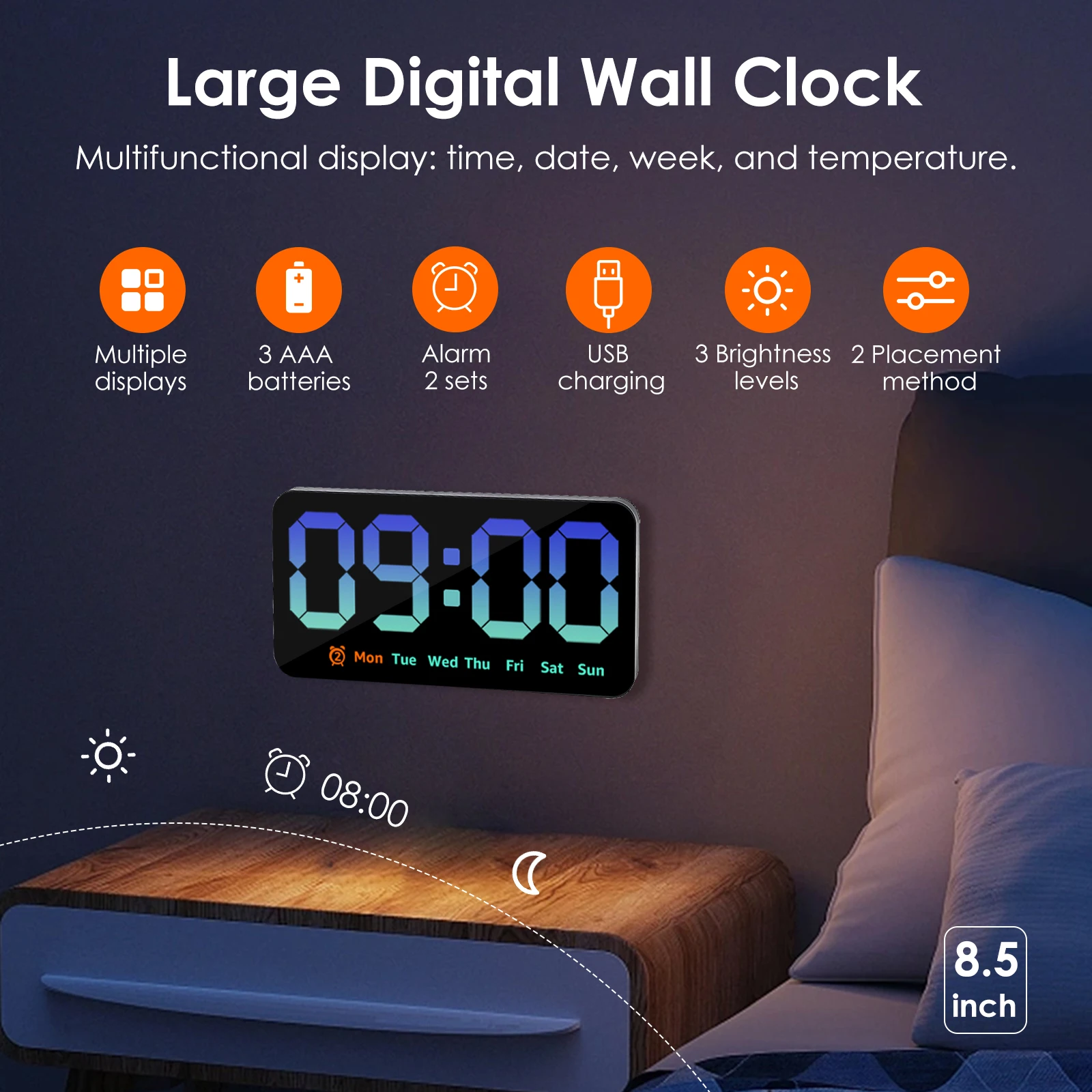 Large Display LED Digital Wall Clock with Date, Temperature, and Dual Alarm