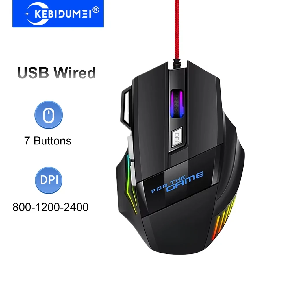 Mysz przewodowa USB KEBIDUMEI z 7 przyciskami, podświetleniem RGB, ergonomiczna mysz do gier, Plug and Play, do komputera PC, laptopa, Windows, Mac OS