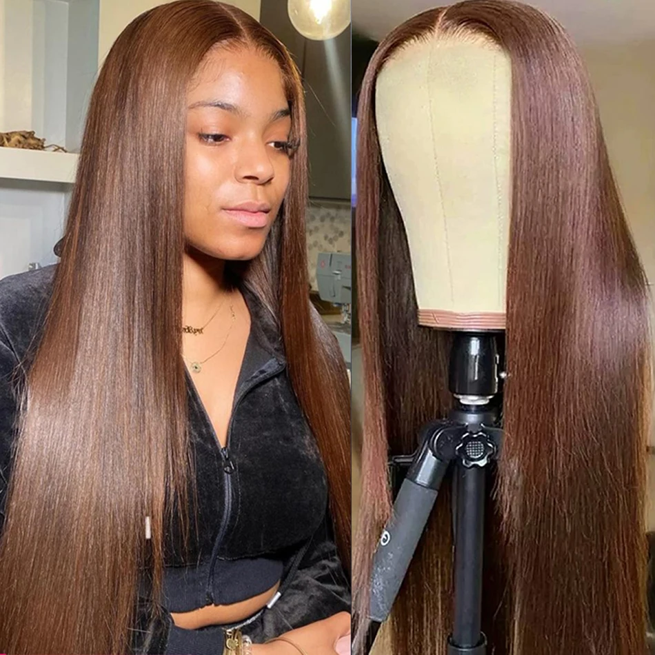 

Straight 13x4 Lace Frontal Human Hair Wigs Brown Color #4 30 32 inch 4x4 Transparent Lace Front Closure Wig Brazilian For Women