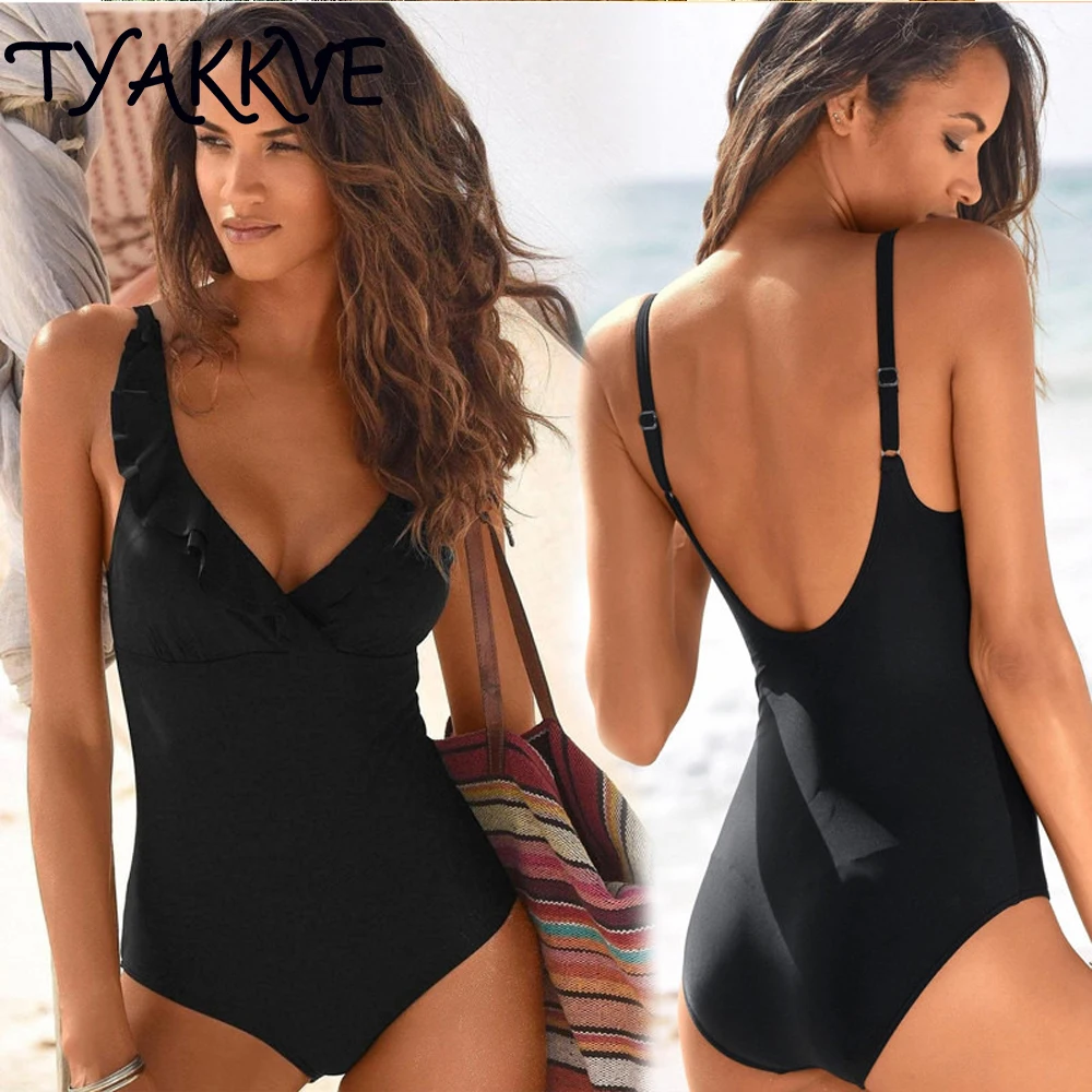 TYAKKVE Sexy 2024 Vintage Solid One Piece Swimsuit Women Swimwear Ruffle Monokini Push Up Bodysuit Bathing Suit BeachWear Female