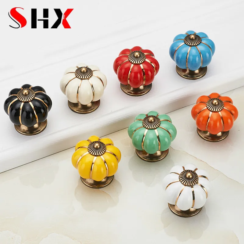 Furniture Handles Kitchen Door Handles Pumpkin Ceramic 40mm Drawer Knobs Single Hole Closet Door Handles Cabinet