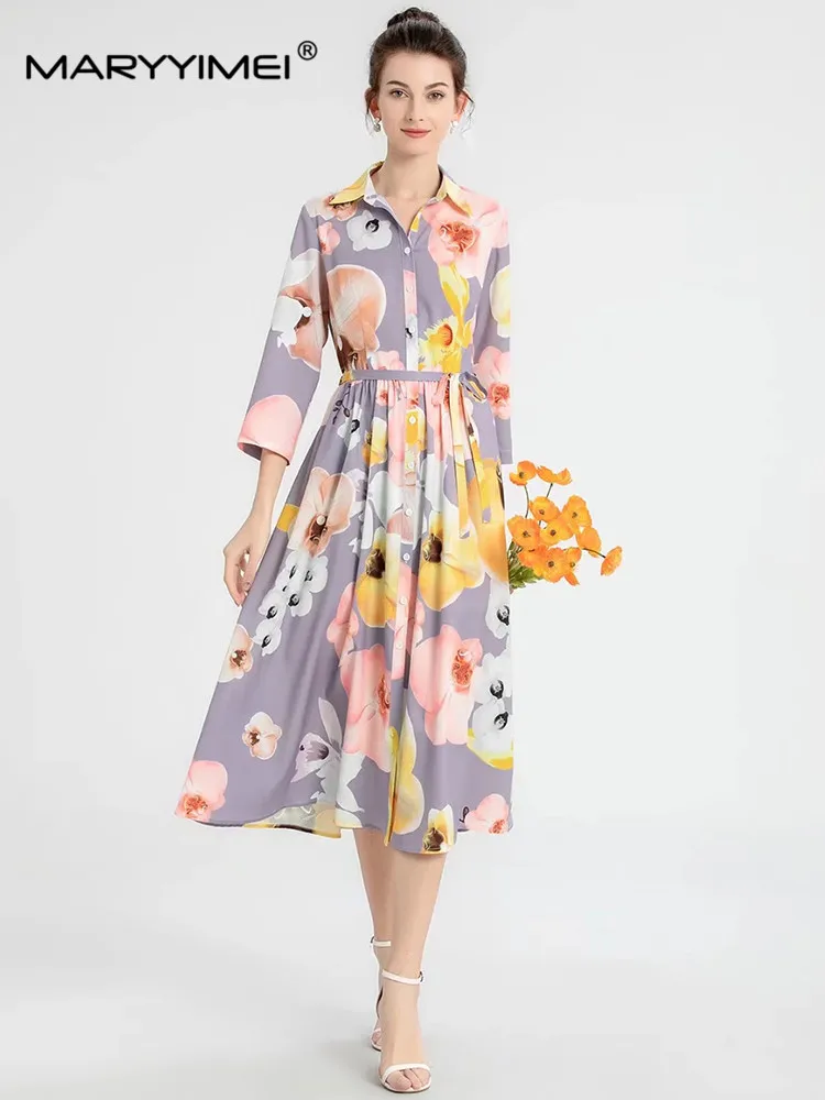 

MARYYIMEI Autumn Fashion Grace Women's dress Three Quarter Peter pan Collar Print Button Lace-Up Holiday Dresses